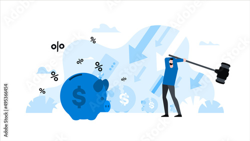 Man with big hammer breaks piggy bank. Animation ready duik friendly vector. Conceptual business story. Financial crisis, economic recession, bankruptcy, depression.