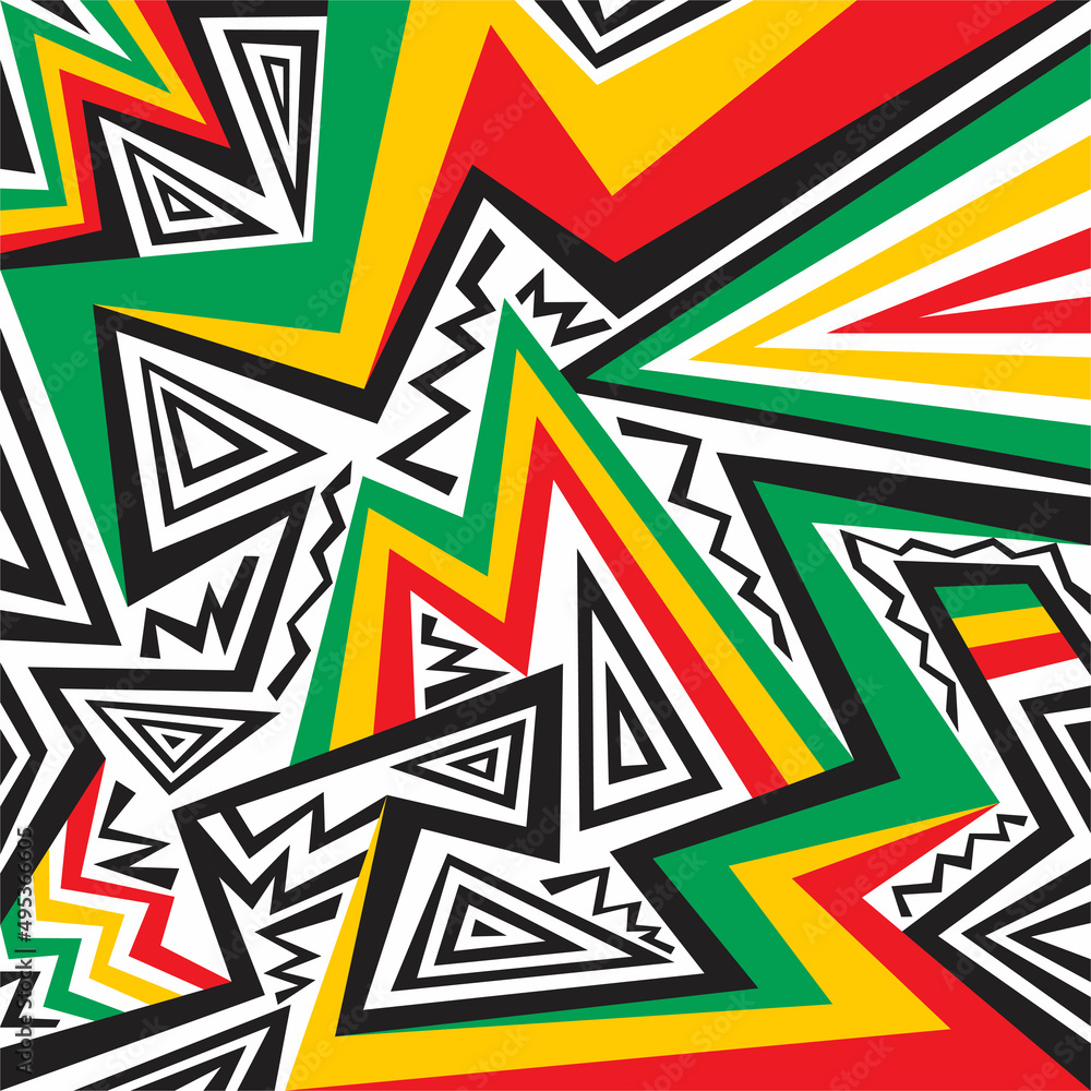 Abstract background with irregular lines and various pattern and with Jamaican color theme