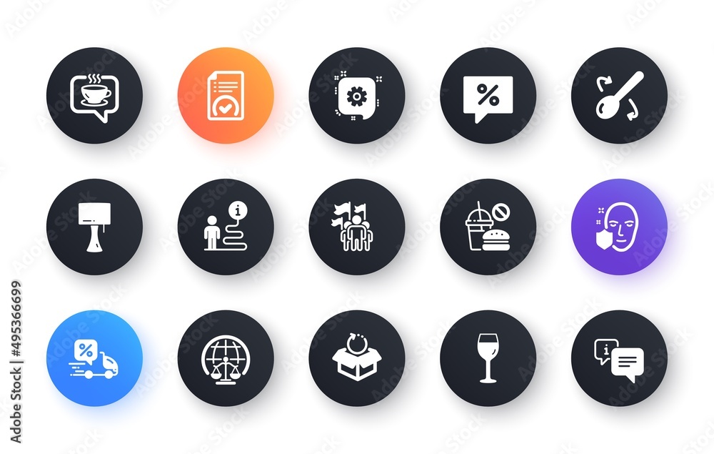 Minimal set of Approved document, Cooking spoon and Leadership flat icons for web development. Cogwheel, Return package, Magistrates court icons. Wine glass, Delivery discount. Vector Minimal set of Approved document, Cooking spoon and Leadership flat icons for web development. Cogwheel, Return package, Magistrates court icons. Wine glass, Delivery discount. Vector