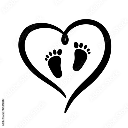 Black silhouette of heart baby footprint. Sign of love for newborn. Vector simple illustration of silhouette of heart isolated on white background