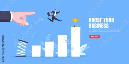 Business mentor helps to improve career with springboard vector illustration. Business person jumps above career ladder graph. Success growth, motivation opportunity, boost career concept.