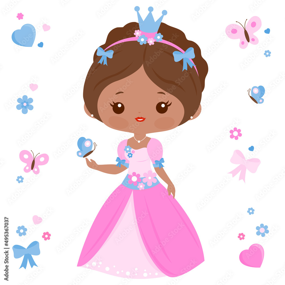 Beautiful princess with a pretty dress. Vector illustration set Beautiful princess with a pretty dress. Vector illustration set