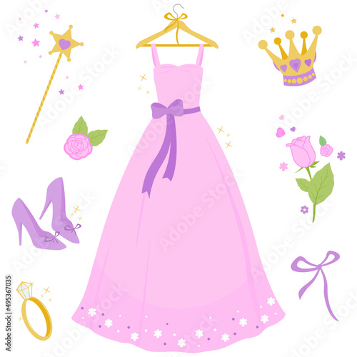 Beautiful pink princess dress. Vector illustration set