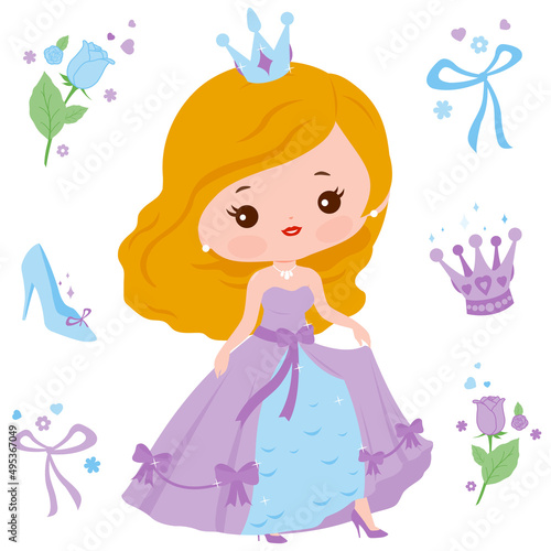 Beautiful princess with a pretty dress. Vector illustration set