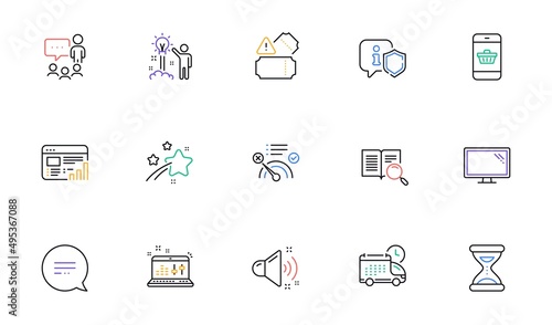 Monitor, Sound check and People chatting line icons for website, printing. Collection of Time, Search text, Loud sound icons. Shield, Web report, Tickets web elements. Delivery. Vector