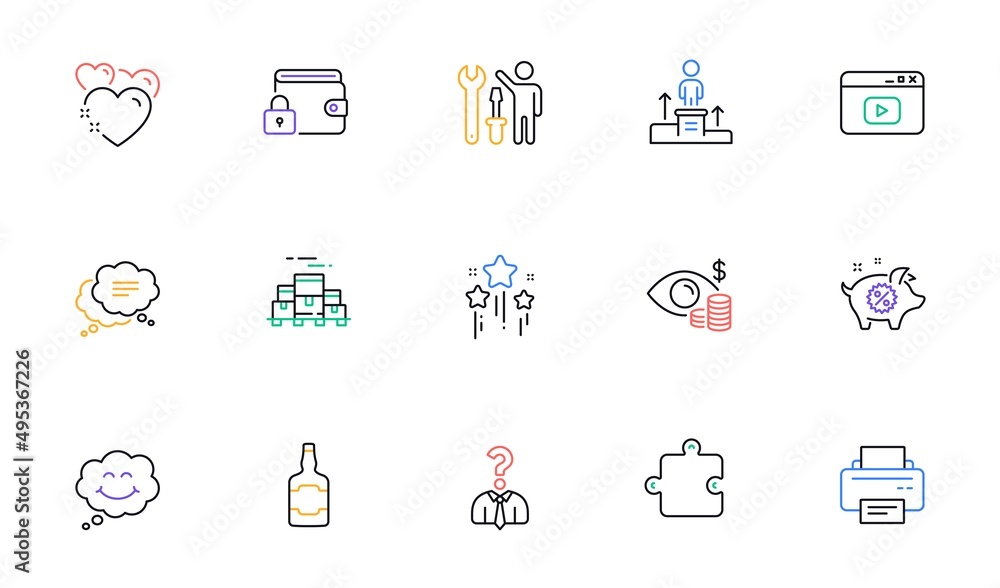 Printer, Piggy sale and Whiskey bottle line icons for website, printing. Collection of Repairman, Business podium, Video content icons. Smile, Stars, Lock web elements. Boxes pallet. Vector