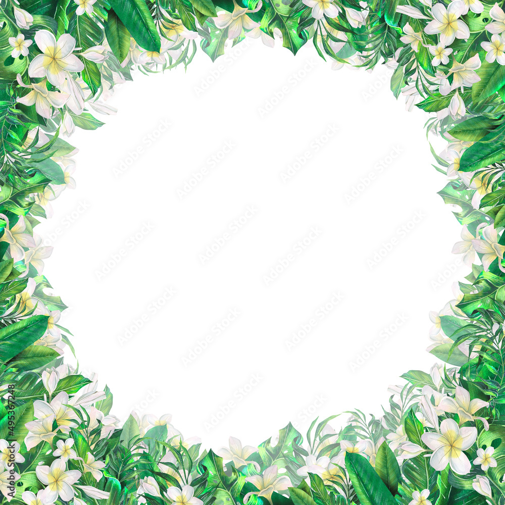 Watercolor illustration frame with tropical leaves, plumeria flowers. Beach, wedding, summer, exotic. For menus, postcard design, invitations, presentations, information boards. Watercolor illustration frame with tropical leaves, plumeria flowers. Beach, wedding, summer, exotic. For menus, postcard design, invitations, presentations, information boards.