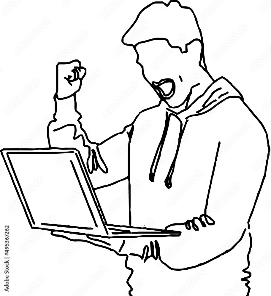 Outline sketch drawing of young man doing celebration of winning contest on laptop, line art illustration of young boy watching laptop in happy mode. Outline sketch drawing of young man doing celebration of winning contest on laptop, line art illustration of young boy watching laptop in happy mode.