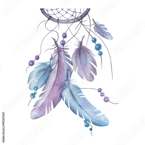 Tableau sur toile Watercolor illustration dreamcatcher lilac-blue with feathers and beads