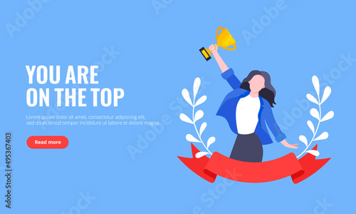 Best worker employee winner with trophy cup inside award ribbon and floral wreath flat style design vector illustration. Employee of the month, talent award, best worker competition prize.