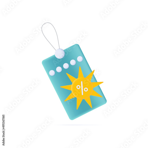 Coupon summer 3d or voucher. A gift or loyalty program, a tag with a purchase price, reduction in the cost of a promo code. Special offer, summer discount. Flying voucher or coupon, price tag. Vector