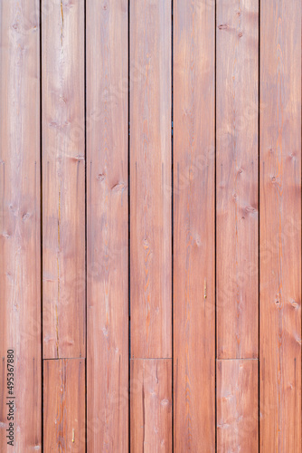 Wooden wall made of solid brown planks of wood, vertical fence. Texture background