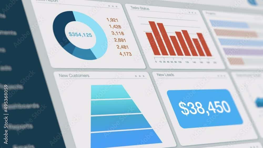 close-up of a computer monitor, dashboard view of an ERP software enterprise resource planning, or a CRM software customer relationship management, charts, data and reports, graphic interface, vertica
