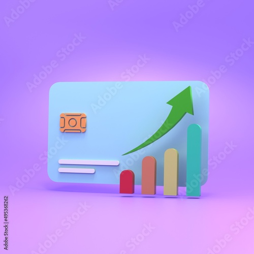 Bank card and growth chart. 3d render.