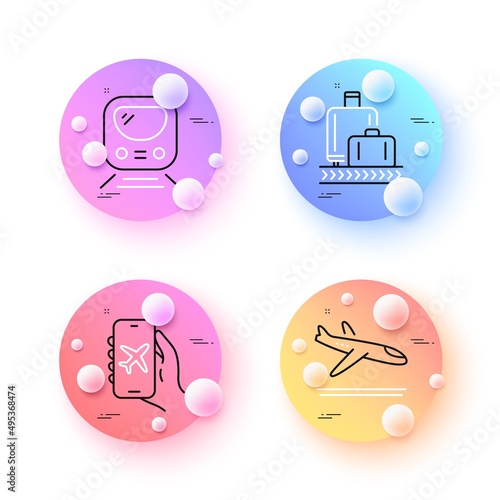 Arrivals plane, Metro and Flight mode minimal line icons. 3d spheres or balls buttons. Baggage reclaim icons. For web, application, printing. Airport transport, Transit journey, Smartphone app. Vector