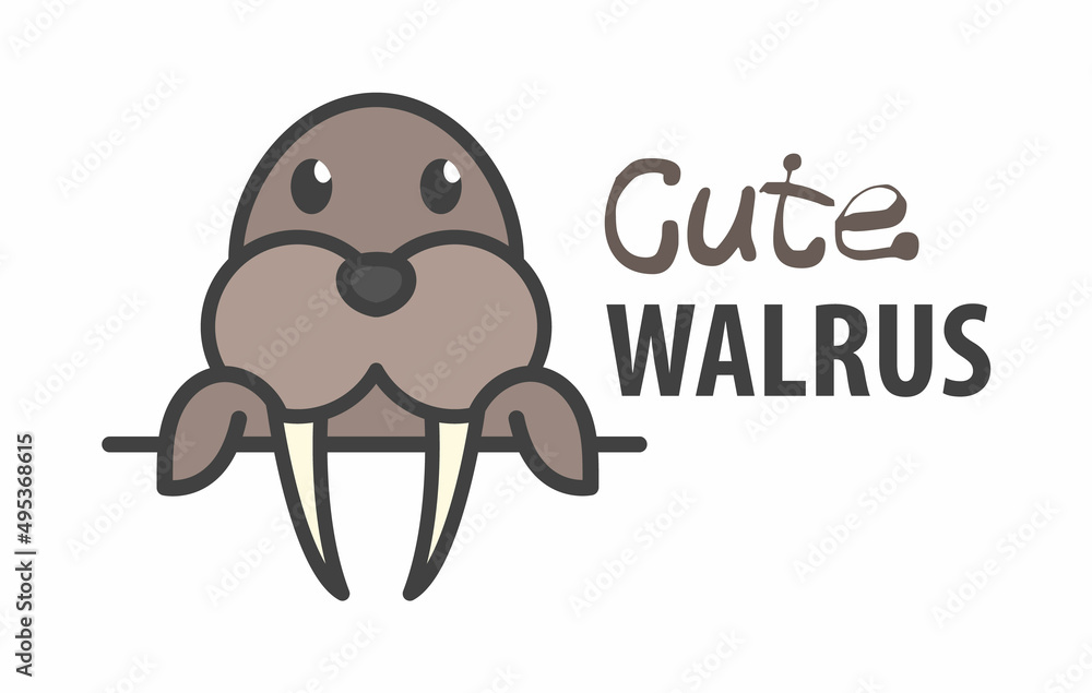 Logo template with cute curious walrus. Vector logo design arctic animal template for zoo, veterinary clinics, etc. Cartoon animal logo illustration.