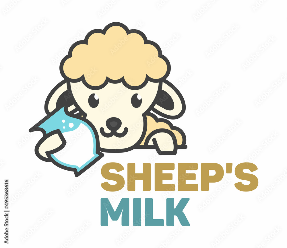 Naklejka premium Vector Logo of сute funny sheep holding a jug of milk. Modern humorous logo template with image of the lamb. Farm dairy products emblem. Can be use for advertising farm, market.