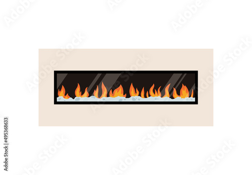 Electric built in wall fireplace with flames, flat vector illustration isolated on white background.