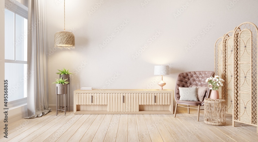 Obraz premium Interior living room that are warm and cozy.with partition style boho, Scandinavian and minimalist.3d rendering