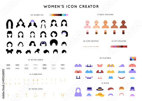 Vector female faces icon creator in flat style.