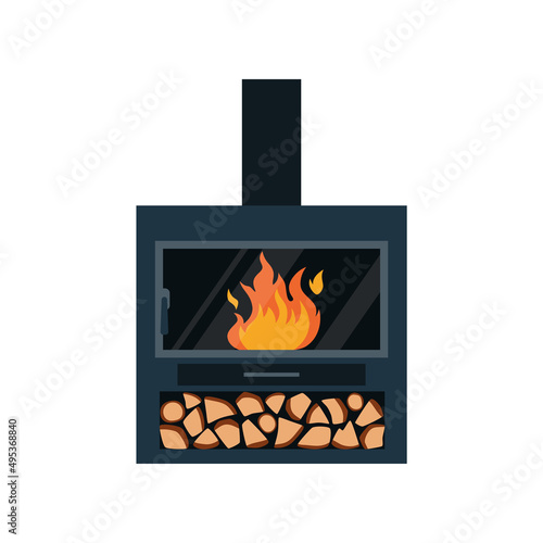 Modern fireplace with shelf for fire logs under the hearth, flat vector illustration isolated on white background.