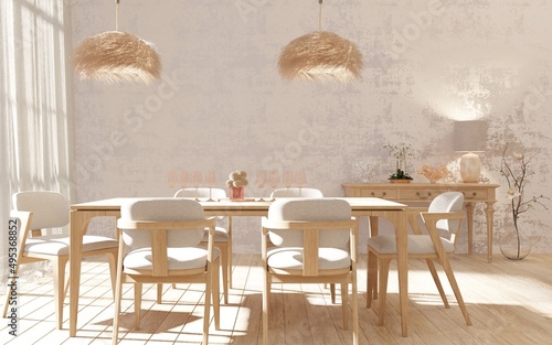 Interior of dining room with white texture cement wall and light entering the window.3d rendering photo