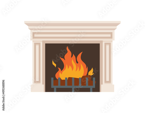 Classic fireplace with decorative mantelpiece, flat vector illustration isolated on white background.