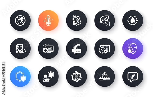 Minimal set of Skin care, Thermometer and Face protection flat icons for web development. Strong arm, Organic tested, Cold-pressed oil icons. Medical analytics, Coronavirus. Vector