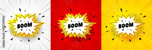 Boom sale sticker. Flash offer banner, coupon or poster. Discount banner shape. Coupon bubble icon. Boom sale promo banner. Retail marketing flyer. Starburst pop art. Vector