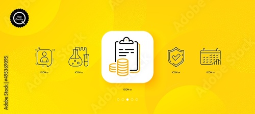 Calendar graph, Confirmed and Developers chat minimal line icons. Yellow abstract background. Chemistry lab, Accounting icons. For web, application, printing. Vector