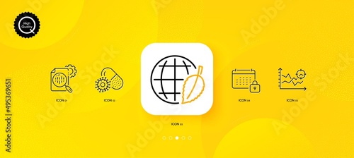 Coronavirus pills, Seo stats and Calendar minimal line icons. Yellow abstract background. Seo analysis, Environment day icons. For web, application, printing. Vaccine, Cogwheel, Locked planner. Vector