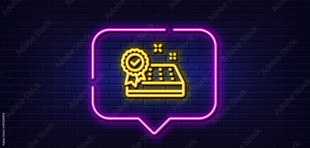 Neon light speech bubble. Mattress guarantee line icon. Tested orthopedic pad sign. Breathable sleep bed symbol. Neon light background. Mattress guarantee glow line. Brick wall banner. Vector Neon light speech bubble. Mattress guarantee line icon. Tested orthopedic pad sign. Breathable sleep bed symbol. Neon light background. Mattress guarantee glow line. Brick wall banner. Vector