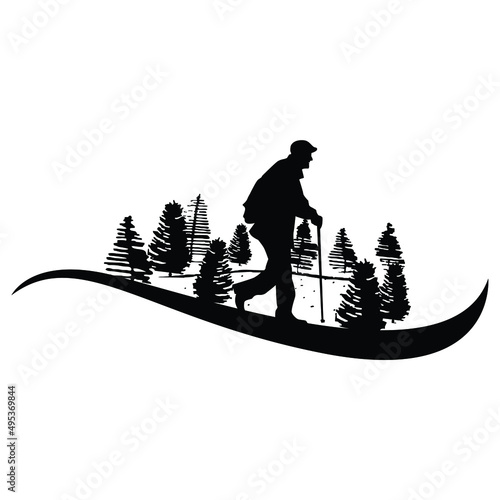 Vector illustration of old man walking in the forest black and white