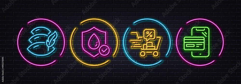 Pillow, Waterproof and Discounts cart minimal line icons. Neon laser 3d lights. Online shopping icons. For web, application, printing. Sleep cushion, Water resistant, Sale order. Phone buying. Vector