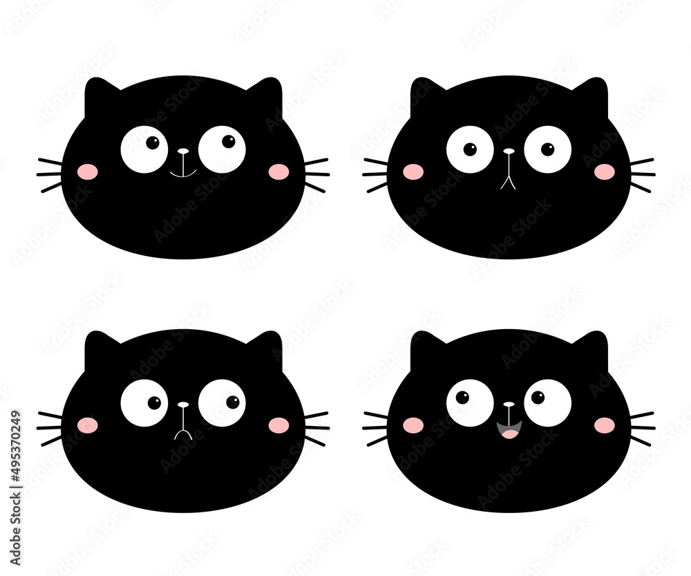 Fototapeta premium Cute cat face set. Funny cartoon characters. Emotion collection. Happy, surprised, crying, sad, angry, smiling. Black silhouette sticker. White background. Isolated. Flat design.