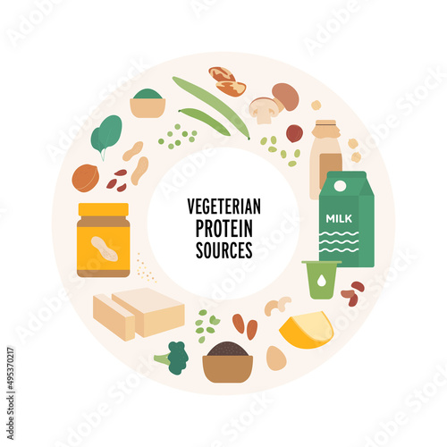 Food guide concept. Vector flat modern illustration. Vegaterian protein sources food plate infographic in circle frame. Colorful food icon set of vegetables, nuts, oats, mushroom and dairy products.
