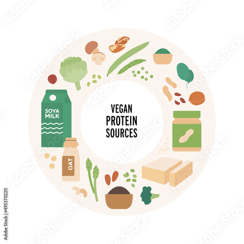 Food guide concept. Vector flat modern illustration. Vegan protein sources food plate infographic in circle frame. Colorful food icon set of vegetables, nuts, oats, mushroom and soya dairy products.
