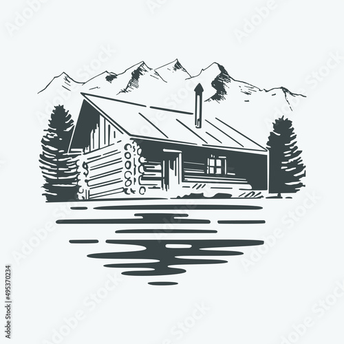 vector illustration of a house by the lake and mountains