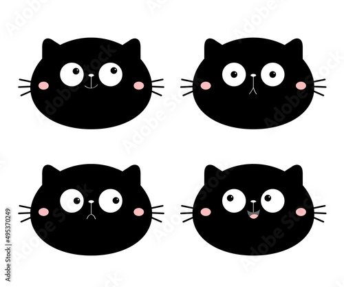 Fototapeta Naklejka Na Ścianę i Meble -  Cute cat face set. Funny cartoon characters. Emotion collection. Happy, surprised, crying, sad, angry, smiling. Black silhouette sticker. White background. Isolated. Flat design.