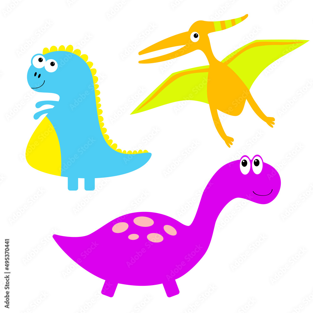 Dinosaur icon set. Dino baby character. Cute cartoon funny kawaii baby animal. Colorful sticker. Flat design. Violet and pink color. White background. Isolated. Dinosaur icon set. Dino baby character. Cute cartoon funny kawaii baby animal. Colorful sticker. Flat design. Violet and pink color. White background. Isolated.