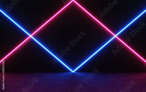 3D Rendering : illustration of empty space room for display product on black and darkwith glowing neon light. Blank product standing. glow neon light. virtual reality. sci-fi concept