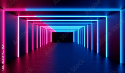 Fototapeta Naklejka Na Ścianę i Meble -  3D Rendering : illustration of  darkroom with glowing neon laser light. pink and blue tunnel sci-fi room. Abstract Futuristic Sci Fi tunnel Room