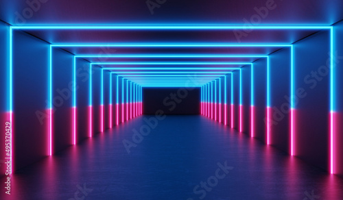 3D Rendering   illustration of  darkroom with glowing neon laser light. pink and blue tunnel sci-fi room. Abstract Futuristic Sci Fi tunnel Room
