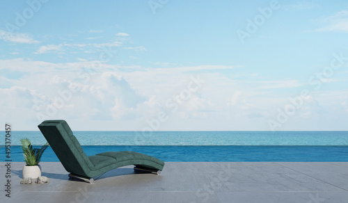 3D Rendering : Illustration beach chair outdoor rest area. pool villa high luxury seaview. blue sea and sky summer for relax with family. happy time. sun deck of resort. chill out summer season