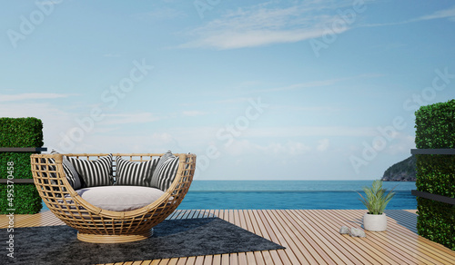 3D Rendering   Illustration wood bench outdoor rest area. pool villa high luxury seaview. blue sea and sky summer for relax with family. happy time. sun deck of resort. chill out summer season concept