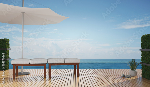 3D Rendering : Illustration wood bench outdoor rest area. pool villa high luxury seaview. blue sea and sky summer for relax with family. happy time. sun deck of resort. chill out summer season concept © ittoilmatar