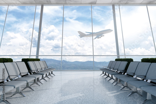3D Rendering : illustration of at airport terminal. view from airport looked out. big window glass. airplane flying on blue sky background. travel around the world concept. ready for travel concept