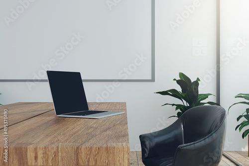3D Rendering : illustration of modern interior Creative designer office desktop with laptop computer. mock up working place. wood table. light from outside. loft wooden floor background. glass window.