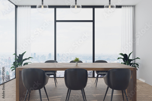 3D Rendering : illustration of Modern working or dining room. co-working space with white cozy style interior. large window looking to high rise town building with sunlight. white curtain. family zone