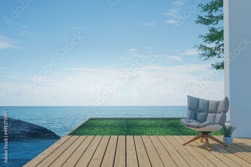 3D Rendering : Illustration wood deck outdoor rest area. pool villa high luxury seaview. blue sea and sky summer for relax with family. happy time. sun deck of resort. chill out summer season concept